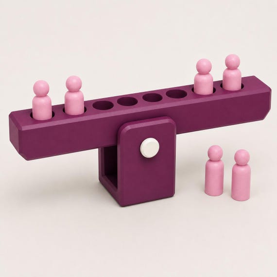 Berry Balance lever activity in plum, soft pink, and ivory with six peg weights visible.