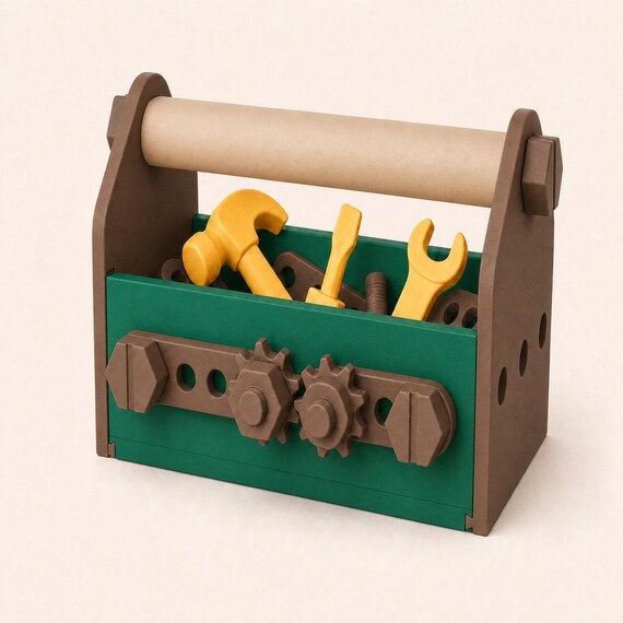 Woodland Workshop toolbox in Mistletoe Green, Brown, Beige, and Cocoa Brown with three Gold tools.