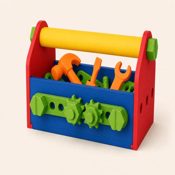 Primary Builder toolbox in Cobalt Blue, Red, Sunflower Yellow, and Bright Green with three Orange tools.