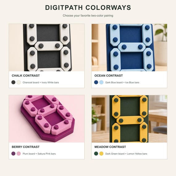 Colorway guide showing Chalk Contrast, Ocean Contrast, Berry Contrast, and Meadow Contrast with their exact two-color pairings.