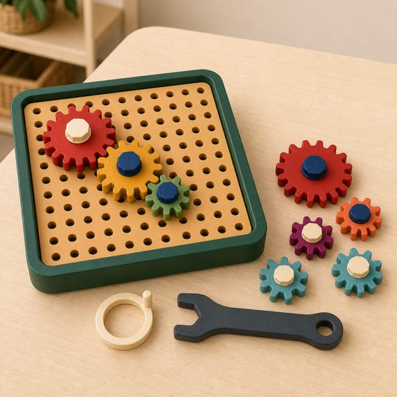 GearGarden board partly disassembled on a birch table, with three gears installed and five colorful gears, the ivory turning ring, and charcoal tool arranged beside it.