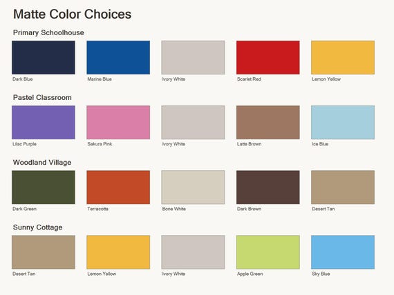 Labeled matte color guide listing the exact five colors used in each of the four CottageLane colorways.