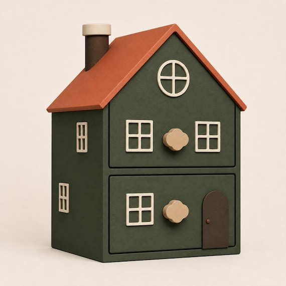 Forest Schoolhouse Little Nook cottage drawers in dark green and terracotta from a close front-left angle.