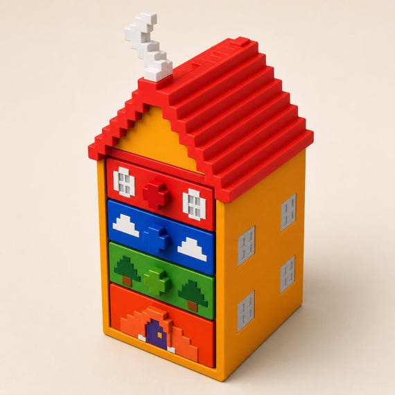 High three-quarter close-up of the PixelHaven organizer showing the stepped red roof and blocky white chimney smoke