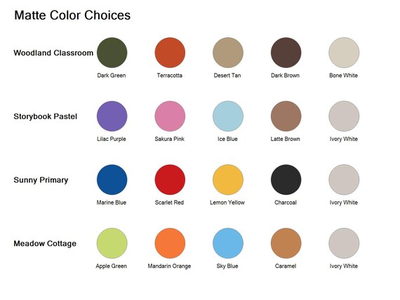 Labeled matte color guide listing the exact five colors used in each of the four cottage organizer colorways.