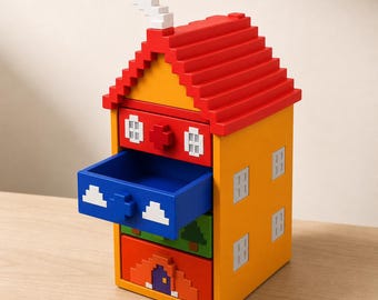 Organizador de cuatro cajones PixelHaven para casa, almacenamiento de escritorio para juegos retro, organizador colorido estilo vóxel para habitación infantil, regalo para gamers