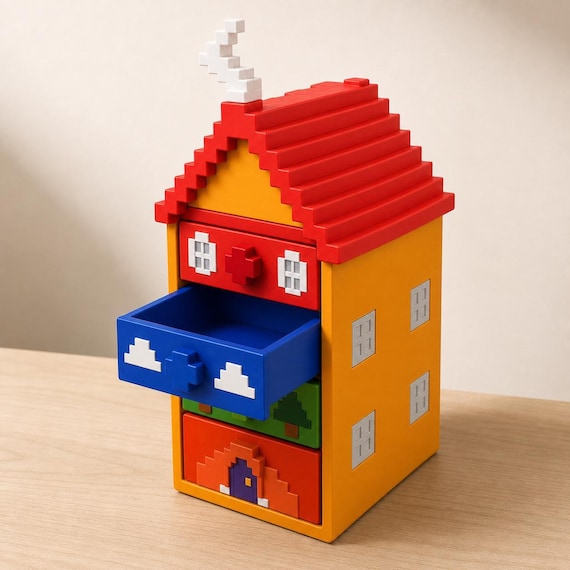 PixelHaven Four Drawer House Organizer, Retro Game Desk Storage, Colorful Voxel Style Kids Room Organizer, Gamer Gift