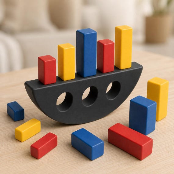 Arcade Pop ArcTumble gravity stack game from a close low angle, highlighting the curved underside, three openings, and chamfered blocks