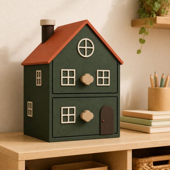 Forest Schoolhouse Little Nook cottage drawers on a light wood shelf in a calm homeschool learning space.