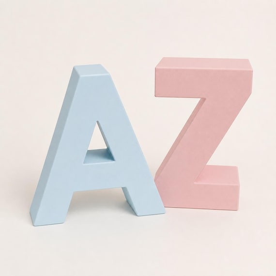 Close-up of closed Sky Blue A and Sakura Pink Z letter-shaped keepsake boxes on a warm white background