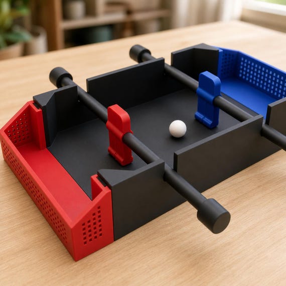 Close view of the Scarlet Red goal, two Charcoal rods, opposing players, and Ivory White ball on a light wood table