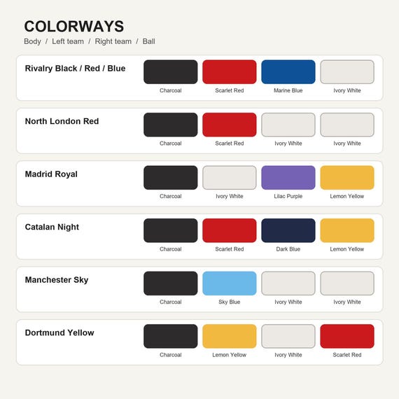 Labeled color guide listing the exact body, left team, right team, and ball colors for all six KickArc colorways
