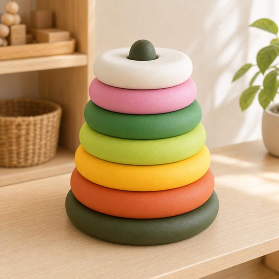 Garden Bloom RingRise sequencing tower with six terracotta, yellow, green, pink, and ivory rings on a dark green base in a sunny classroom.