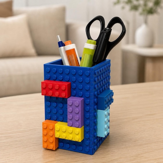 Building Brick Desk Organizer, Colorful Pencil and Pen Holder, Custom Color Office Storage, Kids Room or Teacher Desk Decor