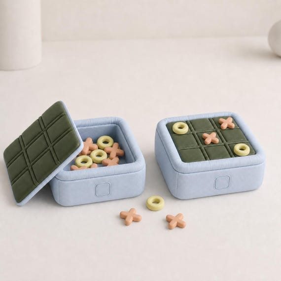 PuffGrid Travel Tic Tac Toe Game, Push Button Storage Box, Padded Look Coffee Table Game, 6 Matte Colorways