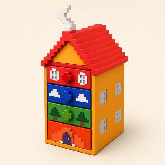Close three-quarter studio view of the colorful PixelHaven house organizer with four closed drawers on a warm white background