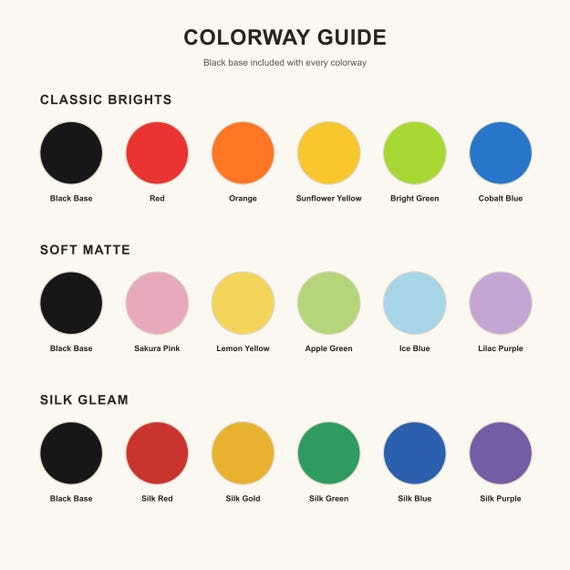 Colorway guide showing the black base and the exact five colors included in Classic Brights, Soft Matte, and Silk Gleam.