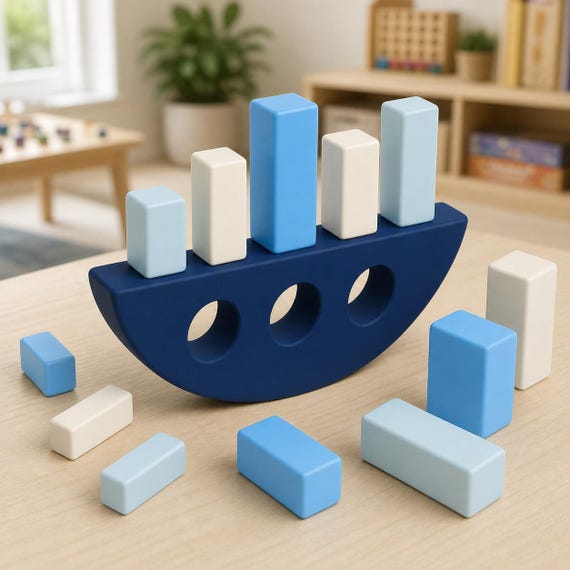 Ocean Byte ArcTumble gravity stack game with a dark blue rocker and twelve ice blue, sky blue, and ivory blocks in a game room