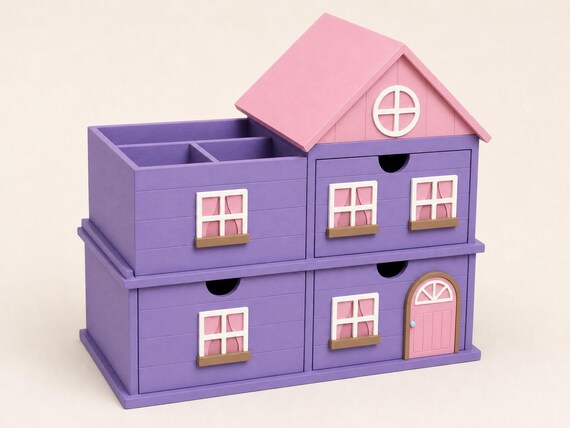 Pastel Classroom cottage organizer with lilac drawers, pink roof, ivory windows, brown ledges, and ice blue door knob.