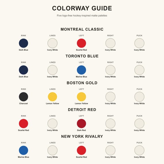 Labeled guide showing the exact rink, line, left pusher, right pusher, and puck colors used in all five RinkRush colorways