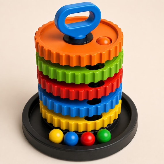 Classic Brights learning tower from a high angle with an orange ball at the top opening and four balls resting in the black collection tray.