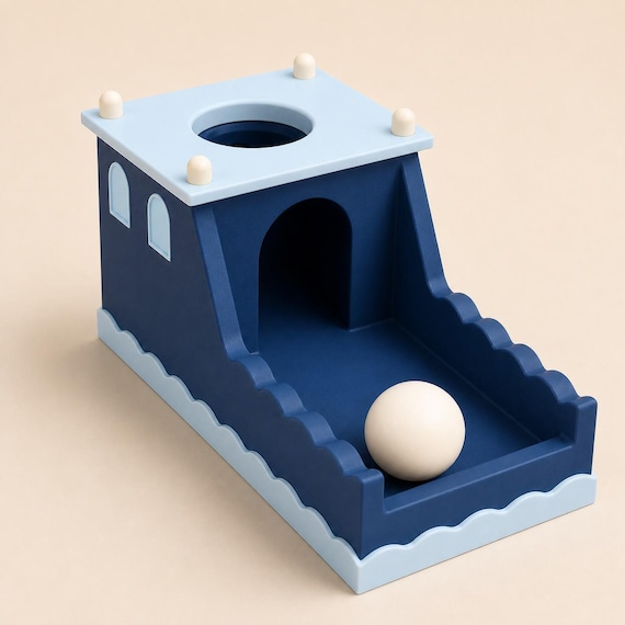 Ocean Keep ball drop box in dark blue, ice blue, and ivory from a close three-quarter studio view.