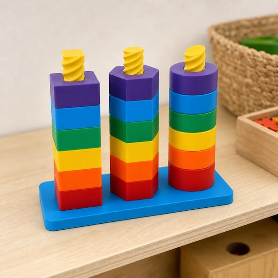 ShapeWhirl motion sorting tower with three rainbow square, hexagonal, and oval block columns on a blue base, close-up three-quarter view in a classroom.