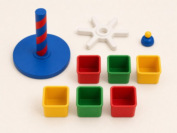 Separated view of the Primary Parade round base, spiral pillar, six-spoke center, six cups, and top cap on a plain background.