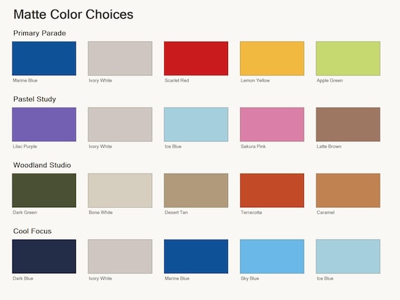 Labeled matte color guide listing the exact five colors used in each of the four SpinBloom colorways.