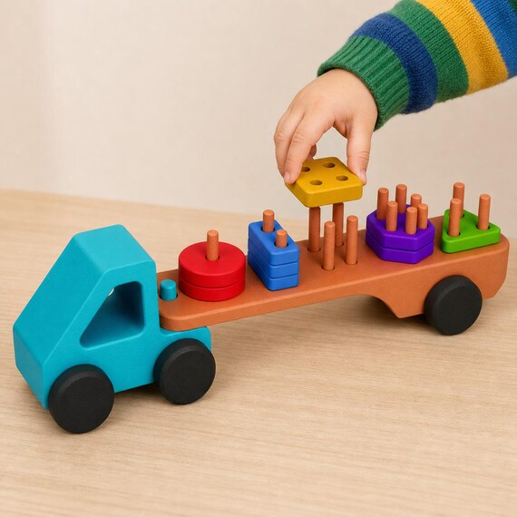 GeoTrail Sorting Truck, Montessori Shape Matching Toy, Fine Motor Learning Activity, Preschool Geometry Gift