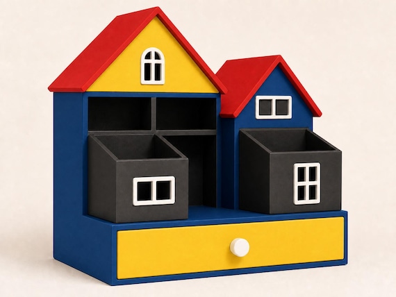 Sunny Primary cottage organizer in marine blue, scarlet red, lemon yellow, charcoal, and ivory white.