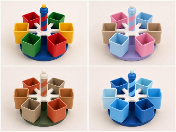 Four SpinBloom classroom supply carousel colorways shown in a close-up four-panel collage on plain light backgrounds.