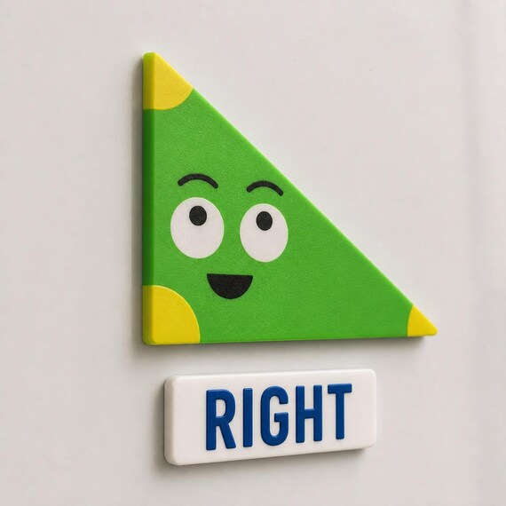 Green right-triangle character with yellow corner accents and its white RIGHT label on a classroom whiteboard.