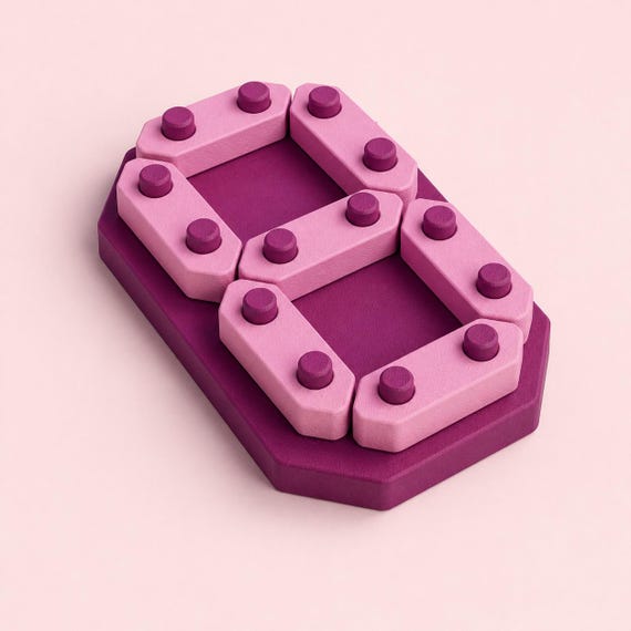 Berry Contrast DigitPath number board with Sakura Pink bars and plum round guides forming the numeral 8, elevated studio view.
