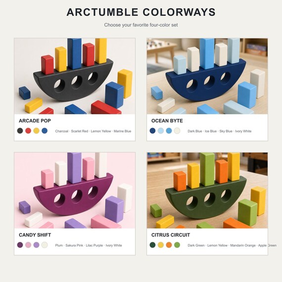 Colorway guide showing Arcade Pop, Ocean Byte, Candy Shift, and Citrus Circuit with the exact rocker and block colors in each set
