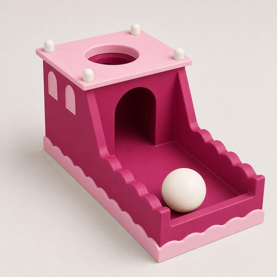 Berry Keep ball drop box in plum, soft pink, and ivory with one ball resting near the front of the tray.