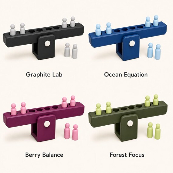 Four BalanceBridge color options shown together: Graphite Lab, Ocean Equation, Berry Balance, and Forest Focus.