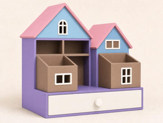 Storybook Pastel cottage organizer in lilac, pink, ice blue, latte brown, and ivory white from the front.