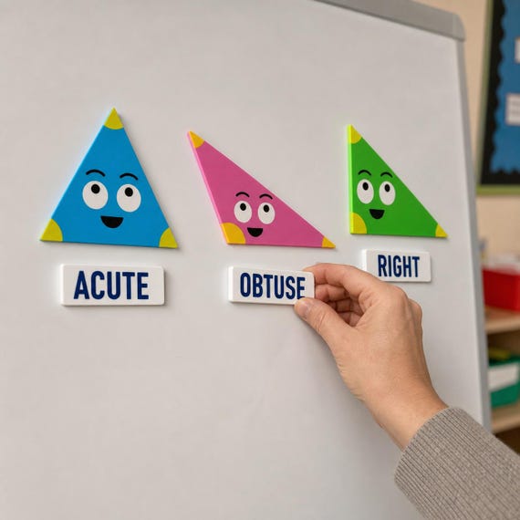 Adult teacher placing the OBTUSE label beneath the pink triangle while the ACUTE and RIGHT matches remain on a classroom whiteboard.