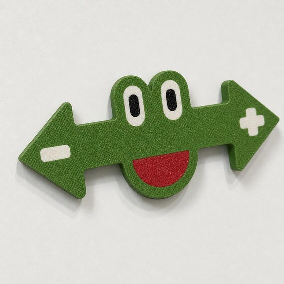 Close front view of one green frog marker with white eyes, black pupils, red smile, left minus symbol, and right plus symbol.