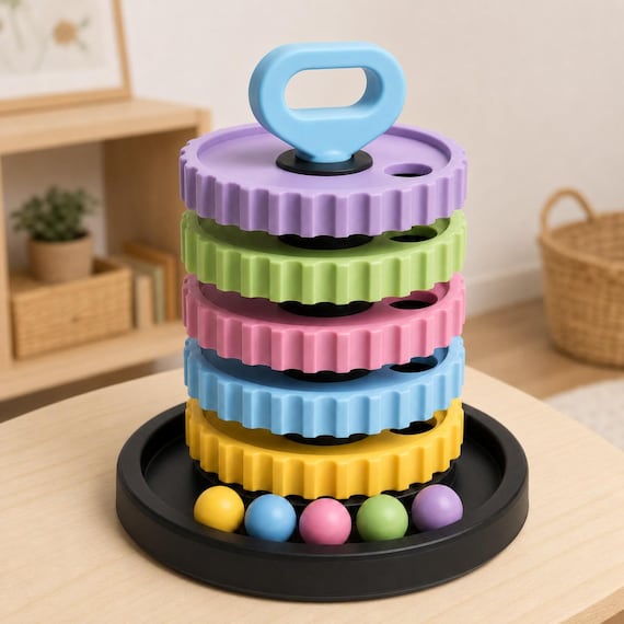Soft pastel learning tower on a pale wood activity table in a calm learning room, shown from the left with all five balls in the black tray.