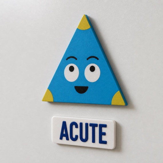Blue acute-triangle character with yellow corner accents and its white ACUTE label on a classroom whiteboard.