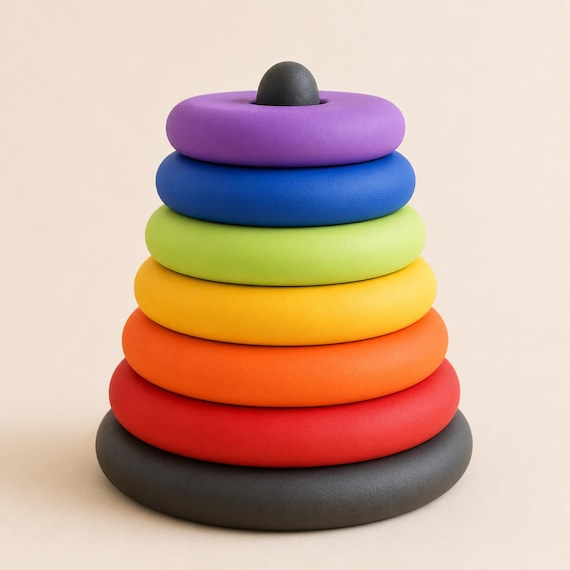 Rainbow Rise RingRise sequencing tower against a warm ivory background, low side view highlighting six rounded ring profiles and stable charcoal base.
