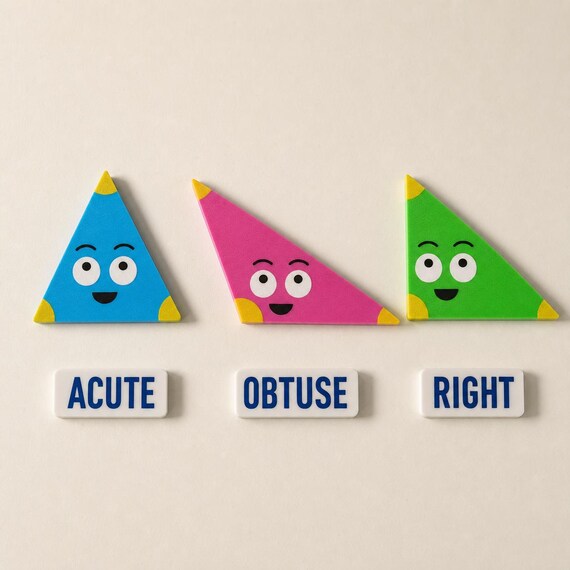 Complete six-piece geometry set with three colorful triangle characters and three white English word labels on a cream background.