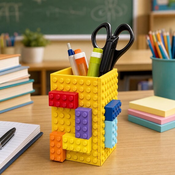 Yellow studded pen and pencil organizer on a teacher's desk