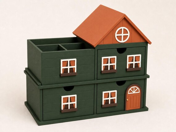 Woodland Village cottage organizer with dark green drawers, terracotta roof, bone white windows, and dark brown ledges.