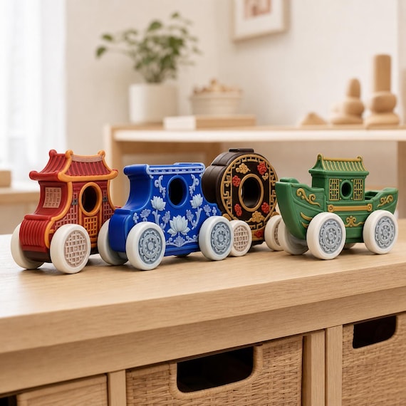 Four ornate heritage rolling vehicles displayed together on a light wood shelf in a bright neutral playroom