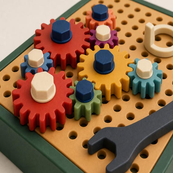 Close-up of large and small colorful gears meshing across the perforated warm sand board.