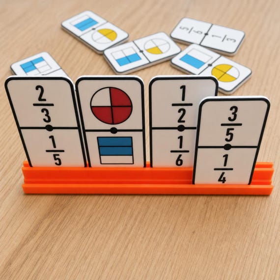 Orange EqualLink rack holding four black-and-white fraction tiles with colorful visual fraction models on a wood table.