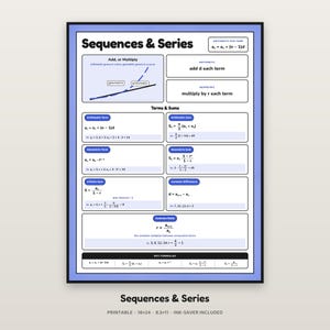 May include: A white educational poster titled Sequences & Series with a blue border. It displays mathematical formulae for arithmetic and geometric sequences, including terms, sums, common differences, and ratios, with a graph showing growth patterns.